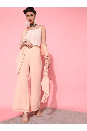 indo street Women Embroidered Cropped Top With Palazzo & Dupatta Co-Ords Set