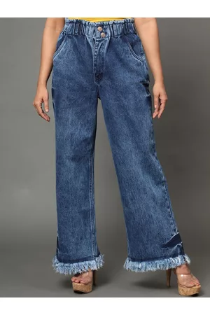 AngelFab Women Jean Wide Leg High-Rise Light Fade Cotton Jeans