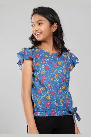 CACA CINA Flutter Sleeves Waist Tie-Up Floral Printed Cotton Top