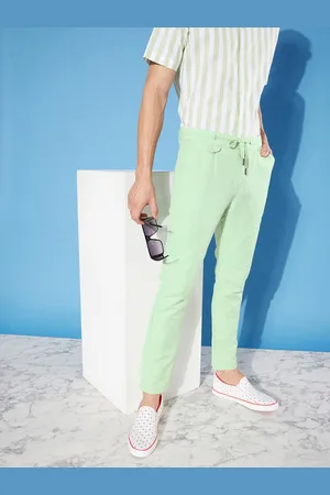Mast & Harbour Men Green Solid Cotton Linen Slim Fit Trousers