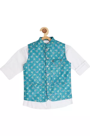 CAVIO Boys Printed & Embroidered Nehru Jacket With Shirt