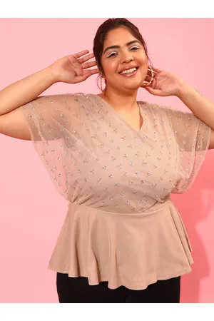 CURVY STREET Plus Size V-Neck Sequined Embellished Net Peplum Top