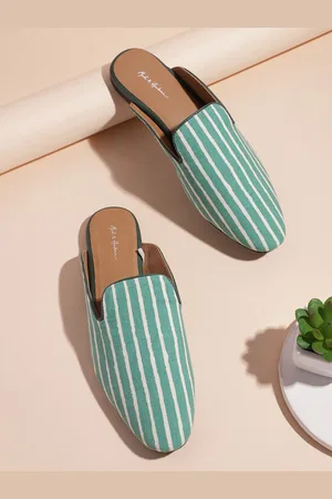 Mast & Harbour Women Green & White Striped Mules