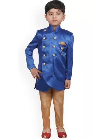 SG Boys Blue & Gold-Coloured Solid Sherwani Set