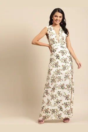 DODO & MOA Women Off-White & Green Floral Printed Maxi Dress