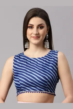 NEUDIS Women Cotton Blue Embellished Lehariya Fitted Blouson Crop Top