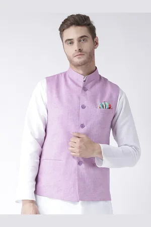 Hangup Men Purple Woven Linen Blend Nehru Jacket