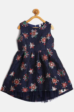 Kids On Board Girls Navy Blue Floral Printed Cotton Jacquard Fit & Flare Dress