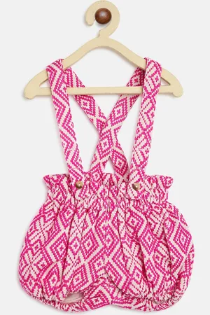 Kids On Board Infant Girls Pink & White Printed Cotton Dungarees