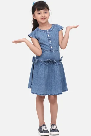 StyleStone Girls Blue Solid Fit and Flare Denim Dress