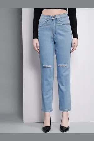 Guti Women Slim Fit High-Rise Slash Knee Light Fade Cropped Stretchable Jeans