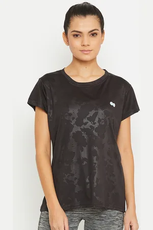 Clovia Women Black Printed Round Neck Sports T-shirt
