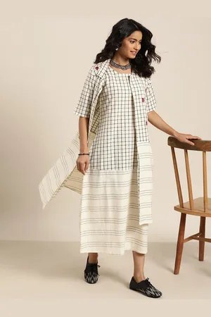 Sangria Women Off-White & Black Pure Cotton Checked A-Line Dress with Jacket