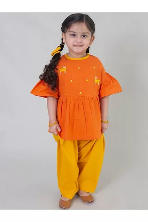 Tiber Taber Girls Orange Embroidered Pleated Pure Cotton Kurti with Dhoti Pants