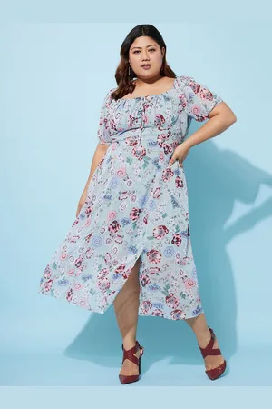 ATHENA Plus Size Floral Printed Squared Midi Fit & Flare Dress