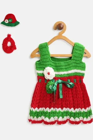 CHUTPUT Girls Red & Green Woollen Self Design Sweater Dress