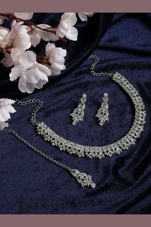 Atasi International Silver-Plated CZ-Studded Necklace and Earrings with Maang Tika