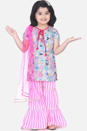 LilPicks Girls Grey & Pink Printed Kurta with Sharara & Dupatta