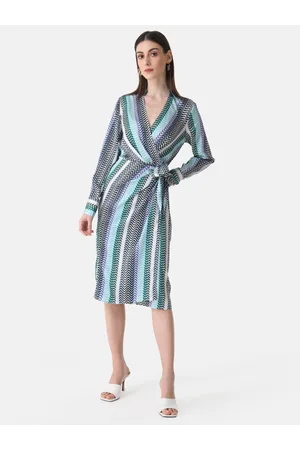 Kazo Striped Shirt Collar Satin Wrap Dress