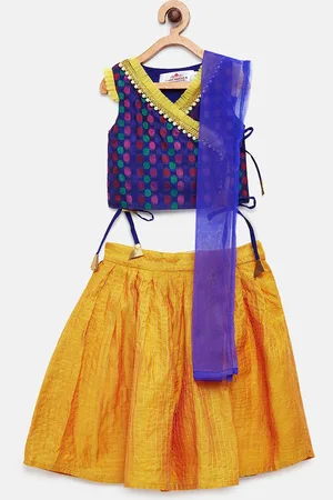MANY FROCKS & Girls Blue & Mustard Yellow Printed Top with Skirt & Dupatta