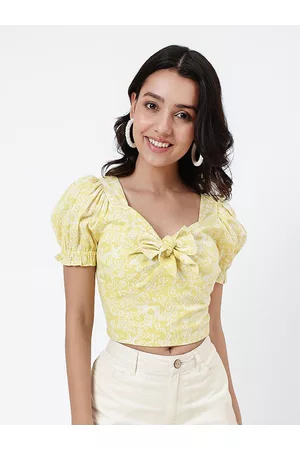 Fabindia Sweetheart Neck Tie-Ups Puff Sleeve Cotton Crop Top