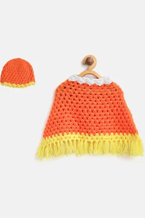 CHUTPUT Girls Orange & Yellow Colourblocked Open Knit Poncho with Beanie Cap