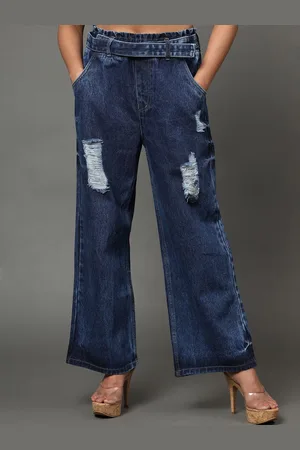 AngelFab Women Jean Wide Leg High-Rise Light Fade Mildly Distressed Cotton Jeans