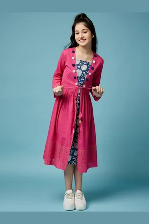 pspeaches Girls Floral Printed Midi Cotton Dress With Schiffli Tie-Up Shrug