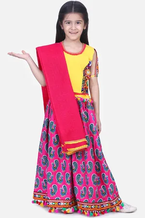 BownBee Girls Pink & Yellow Embellished Bandhani Ready To Wear Lehenga & Blouse Dupatta