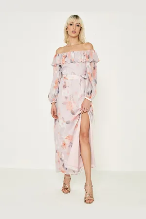COVER STORY Floral Printed Off-Shoulder Ruffles Accordion Pleats Fit & Flare Maxi Dress