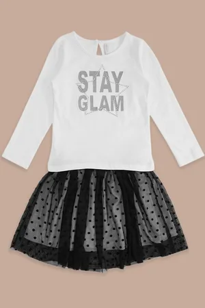 Pantaloons Girls White & Black Printed Top with Skirt