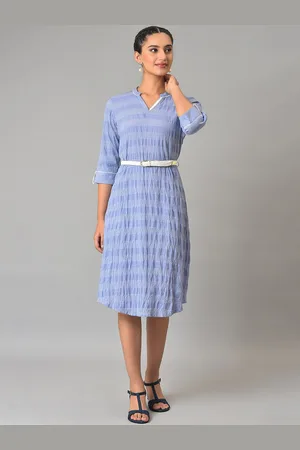 AURELIA Striped V Neck Roll Up Sleeves Dress with Belt