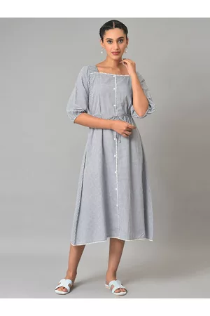 AURELIA Checked Square Neck Pure Cotton A-Line Midi Dress