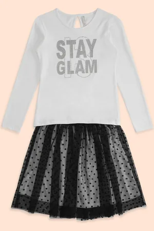 Pantaloons Girls White & Black Printed Pure Cotton T-Shirt with Skirt