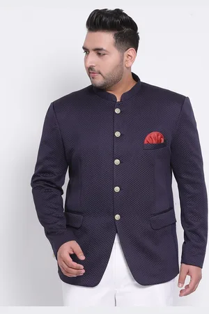 Hangup Men Navy Blue Quilted Single-Breasted Bandhgala Blazer