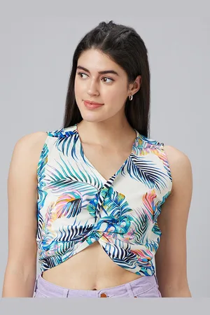 Globus Tropical Print Twisted Crepe Crop Top