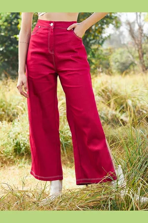 ATHENA Women Comfort Wide Leg High-Rise Side Slits Cotton Jeans
