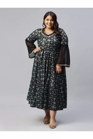 AURELIA Plus Size Floral Printed Bell Sleeve Fit & Flare Midi Dress