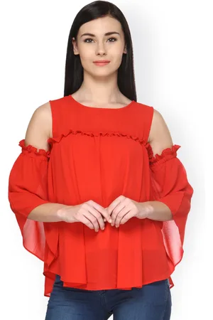 Gipsy Women Red Cold Shoulder Semi-Sheer Top