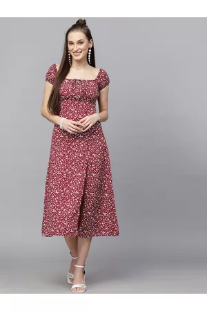 Aayu Floral Printed Crepe Square Neck Puff Sleeves A-Line Midi Dress