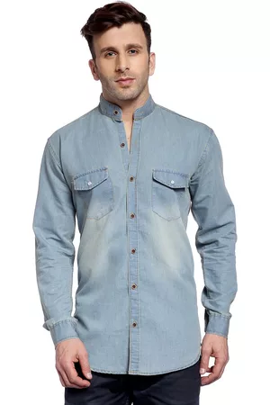 Hangup Faded Mandarin Collar Denim Slim Fit Casual Shirt