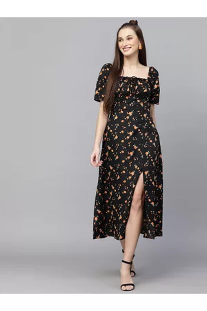 Aayu Floral Printed Square Neck Puff Sleeves A-Line Midi Dress