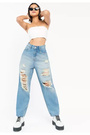 FREAKINS Women Relaxed Fit High-Rise Highly Distressed Light Fade Pure Cotton Jeans