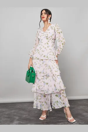 Styli Pink Floral Printed Puff Sleeves V-Neck Layered A-Line Maxi Dress