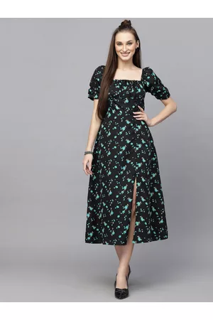 Aayu Floral Printed Square Neck Puff Sleeves A-Line Midi Dress