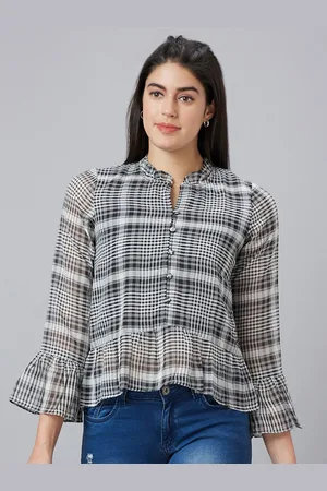 Globus Checked Mandarin Collar Bell Sleeve Shirt Style Top