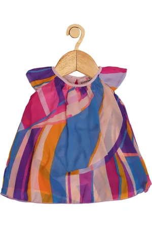 Creative Infant Girls Round Neck Striped Georgette Fit & Flare Romper Dress