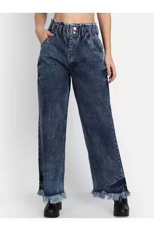 AngelFab Women Cotton Wide Leg High-Rise Heavy Fade Jeans