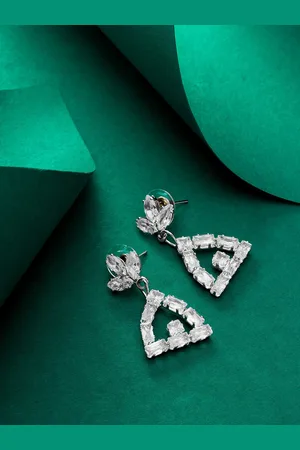 Aadita Silver Plated Geometric Stone Studded Drop Earrings
