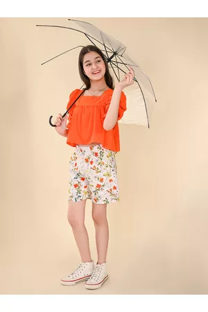 LilPicks Girls Square Neck Empire Asymmetric Hem Top with Shorts